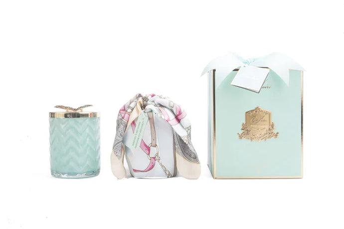 Cote Noire Tiffany Blue & Gold Herringbone Candle with Scarf and Butterfly Brooch - Persian Lime