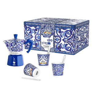 Bialetti Dolce & Gabbana Gift Set - Moka 3 Cup + 3 Cups + Stirrers - Blue